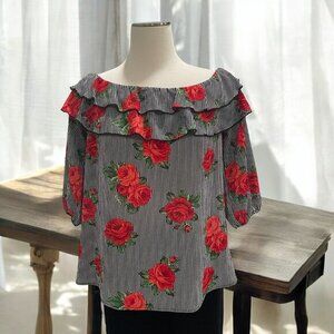 Off Shoulder Floral Blouse Striped Ruffle Top Red Roses Chic Boho Summer Women S